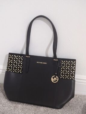 Michael Kors Black Tote with Gold Cutout Accents